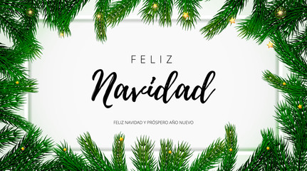 feliz navidad spanish merry christmas holiday greeting card with text on christmas fir tree backgrou