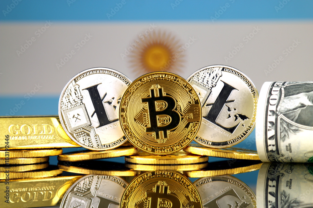 Physical version of Bitcoin, Litecoin, gold, US Dollar and Argentina Flag. Conceptual image for investors in cryptocurrency, gold and dollars.