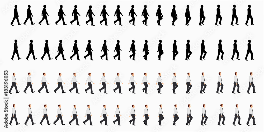 business man walk cycle sprite sheet, Animation frames, silhouette, Loop animation - obrazy, fototapety, plakaty 