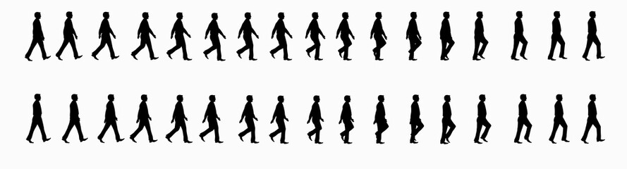 business man walk cycle sprite sheet, Animation frames, silhouette, Loop Animation