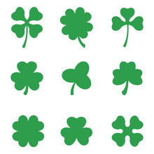 Set Of Three And Four Leaf Clovers. Vector Icon. St Patricks Day. Clover Silhouette.