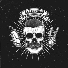 Wall Mural - Barbershop emblem template. Hipster skull with mustache. Design element for poster, card, banner. Vector illustration