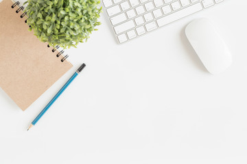 Wall Mural - flat lay photo of office desk with mouse and keyboard,white copyspace with pencil top view