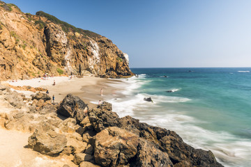 Dume Cove Malibu, Zuma Beach, emerald and blue water in a quite paradise beach surrounded by cliffs. Dume Cove, Malibu, California, CA, USA