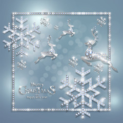 Wall Mural - Winter background snowflakes. Christmas Greeting and New Years card templates with White gold patterned and diamond crystals on background color.