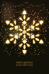 Wall Mural - Merry Christmas, Happy New Year greeting card. Vector golden 3d style snowflake made from gold gems on black background. Holiday banner layout, flyer, poster with various diamonds, jewels.