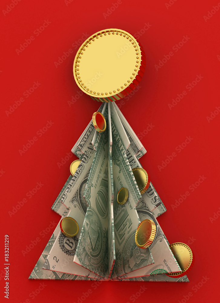 Dollar christmas tree. Money origami. Symbol of New year made from American  One dollar bill. 3D illustration Stock Illustration | Adobe Stock