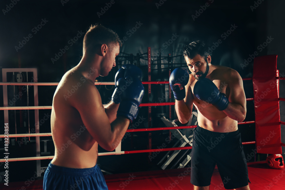 Young professional boxers training in ring
