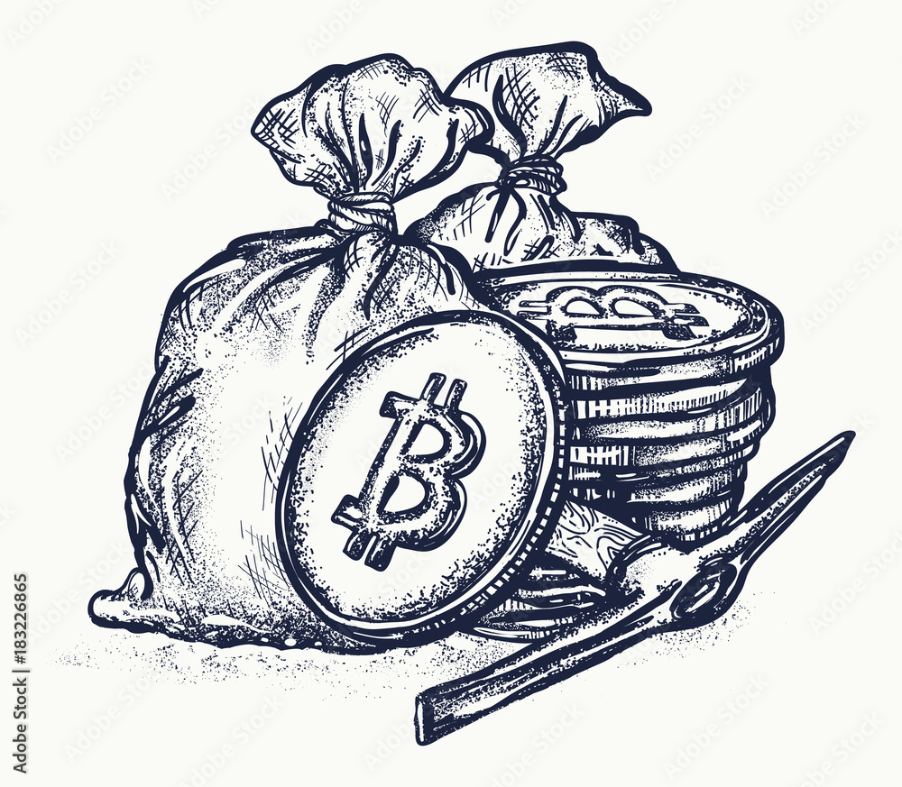 Bitcoin tattoo and t-shirt design. Cryptocurrency bitcoin mining symbol.  Golden coins with bitcoin Stock Vector | Adobe Stock