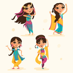 Wall Mural - Cute indian kids, girls in traditional indian clothes set, collection. Cartoon girls character, beautiful national costumes of India