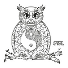 Owl. Yin And Yang. Mandala. Bird. Detailed Hand Drawn Night Owl With Abstract Patterns On Isolation Background. Design For Spiritual Relaxation For Adults. Black And White Illustration For Coloring