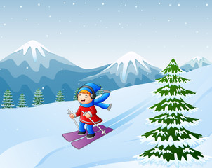 Wall Mural - Cartoon skiing girl on snowy hill