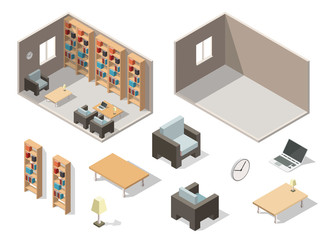 Isometric Colorful Library Vector set Illustration interior background