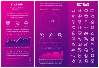 Wall Mural - Startup infographic template, elements and icons. Infograph includes customizable graphs, charts, line icon set with startup rocket, business launch, global network technology, internet connection etc