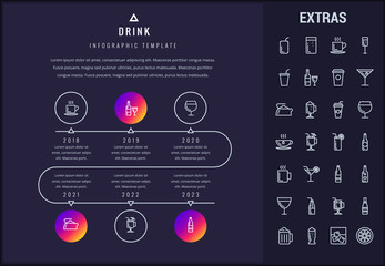 Sticker - Drink timeline infographic template, elements and icons. Infograph includes years, line icon set with bar drinks, alcohol beverage, hot drinks, glasses and bottles, non-alcoholic beverages etc.