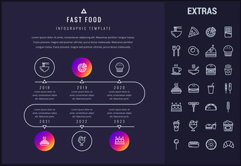 Wall Mural - Fast food timeline infographic template, elements and icons. Infograph includes years, line icon set with fast food, pizza, sweet snacks, restaurant meal, unhealthy nutrition, kitchen utensils etc.