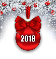 Poster - New Year Background with Glass Red Ball, Silver Branches Fir Tree