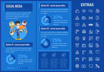 Poster - Social media infographic template, elements and icons. Infograph includes customizable graphs, charts, line icon set with social media, global network, electronic mail, internet technology etc.