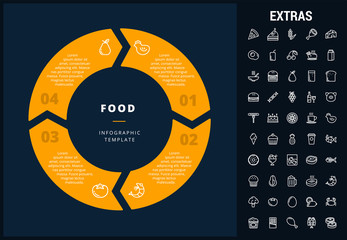 Wall Mural - Food infographic template, elements and icons. Infograph includes customizable circular diagram, line icon set with food ingredients, restaurant meal, fruit and vegetables, sweet snacks, fast food etc