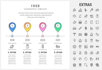 Sticker - Food timeline infographic template, elements and icons. Infograph includes options with years, line icon set with food ingredients, restaurant meal, fruit and vegetables, sweet snacks, fast food etc.