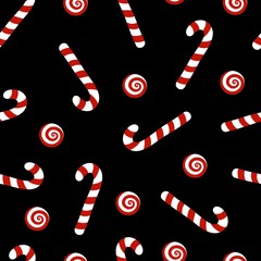 Wall Mural - Seamless pattern with Christmas candy on black background.