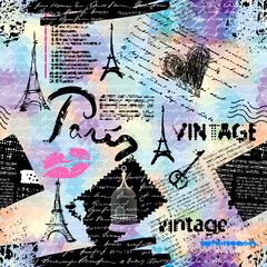 Poster - Seamless background pattern. Imitation of a vintage scrapbook collage with a Paris lettering.
