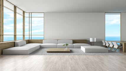 Wall Mural - Modern interior living room wood floor sofa set sea view summer 3d rendering