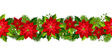 Vector Christmas Horizontal Seamless Garland With Red Poinsettia Flowers.