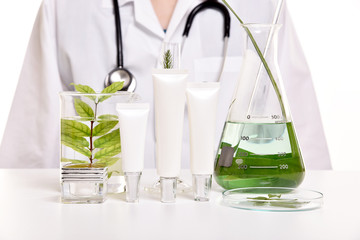 dermatologist with natural skin care, green herbal organic beauty product discovery at science lab, 