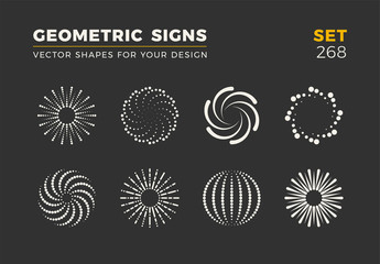 Set of eight minimalistic trendy shapes. Stylish vector logo emblems for Your design. Simple geometric signs collection.