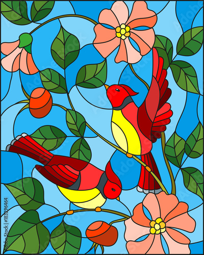ilustracja-w-stylu-witrazu-z-dwoch-czerwonych-ptakow-na-galezi-kwitnacych