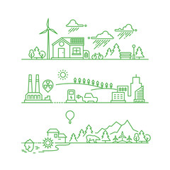 Sticker - Outline eco city. Future ecological green environment and ecosystem vector concept