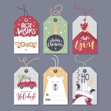 Christmas Tags With Lettering And Hand Drawn Design Elements.