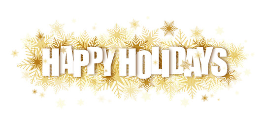 HAPPY HOLIDAYS typography banner on golden snowflakes