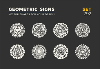 Set of eight minimalistic trendy shapes. Stylish vector logo emblems for Your design. Simple geometric signs collection.