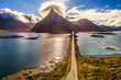 Aerial view of a scenic coastal road on Lofoten islands in Norway