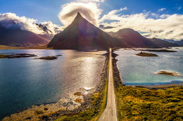 Wall Mural - Aerial view of a scenic coastal road on Lofoten islands in Norway