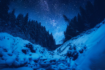 Wall Mural - Mountain river covered with fresh snow in a moonlight