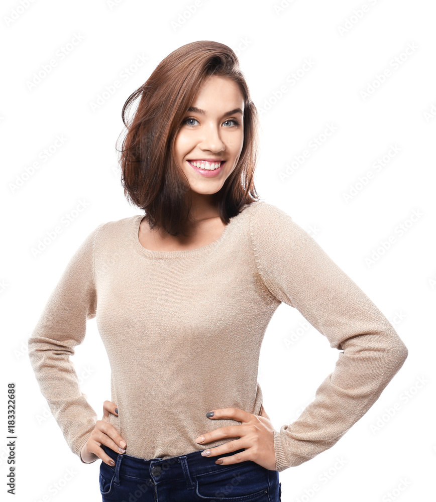 Beautiful smiling woman on white background