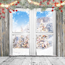 Christmas Old White Window With Decorations.