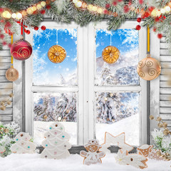 Wall Mural - christmas old white window with decorations.