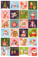 Vector Christmas Advent Calendar In Children's Style. Collection Of Vector Illustrations With Animals. Christmas Pictures With Santa Claus. Calendar 2018.