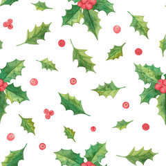 Wall Mural - watercolor christmas plants seamless pattern