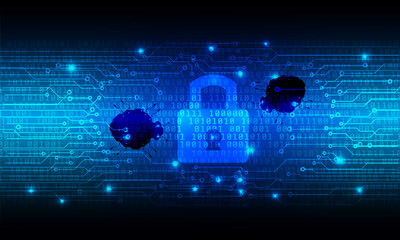 Poster - Security Cyber Bug Virus Protection Vector Background. Blue Hi Tech Abstract Key Pad Circuit Board On Digital Binary Code Pattern Illustration.
