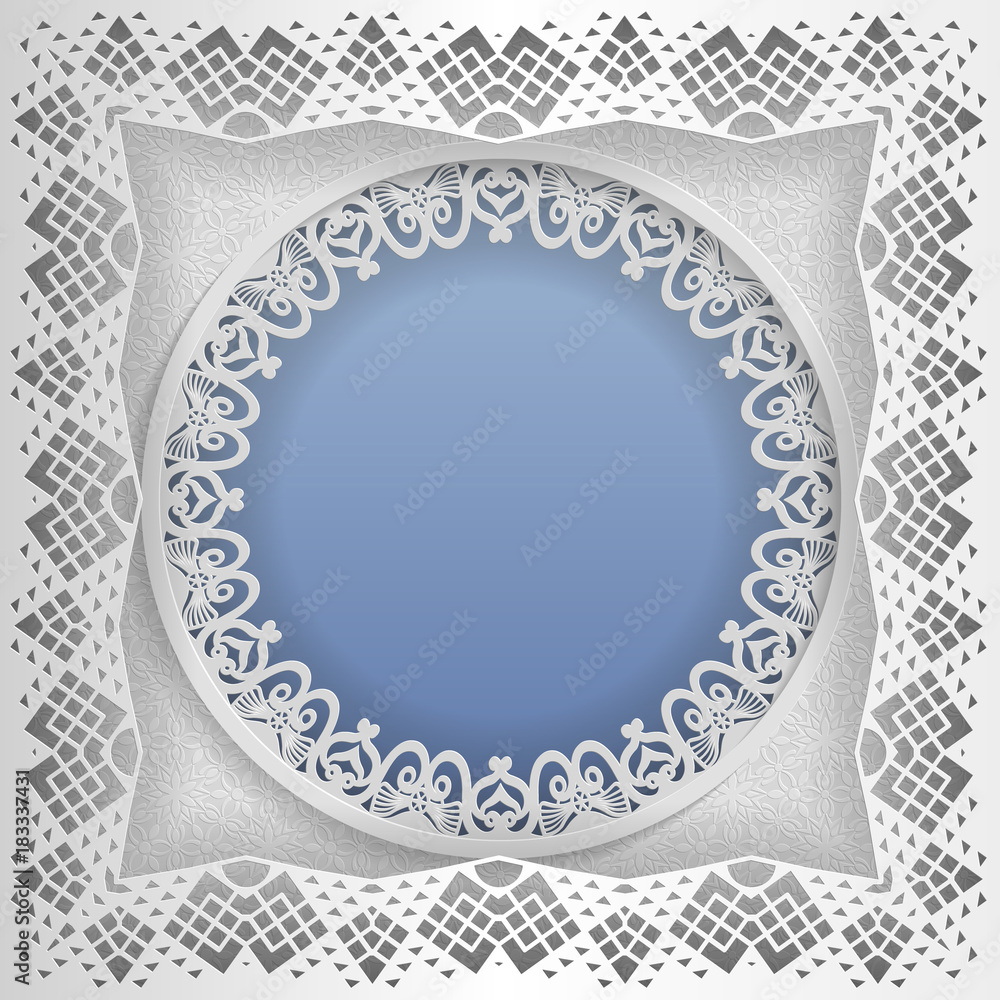Round white frame in an square frame with lace edges