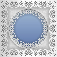 Wall Mural - Round white frame in an square frame with lace edges and a abstract background inside. Template for wedding and other congratulations. In the middle there is space for text, pictures, photos. Vector.