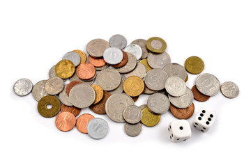 Wall Mural - Coin stock images. 
Different coins on a white background. Different types of currencies. Money and dice