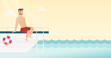 Wall Mural - Young caucasian white man tanning on the front of the yacht. Happy man travelling by yacht. Man resting during summer trip on the yacht. Vector cartoon illustration. Horizontal layout.