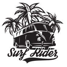 Monochrome Vector Illustration On Theme Of Surfing With Three Palm Trees
