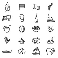 Thailand Travel And Tourism Black Thin Line Icon Set. Vector